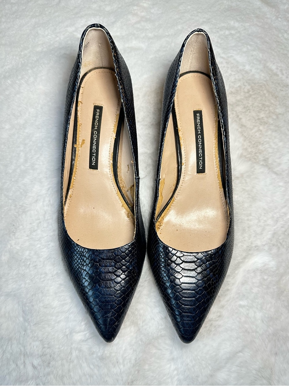 FRENCH CONNECTION Snake Navy Blue Karina Pump Heel 2.5” Size 10